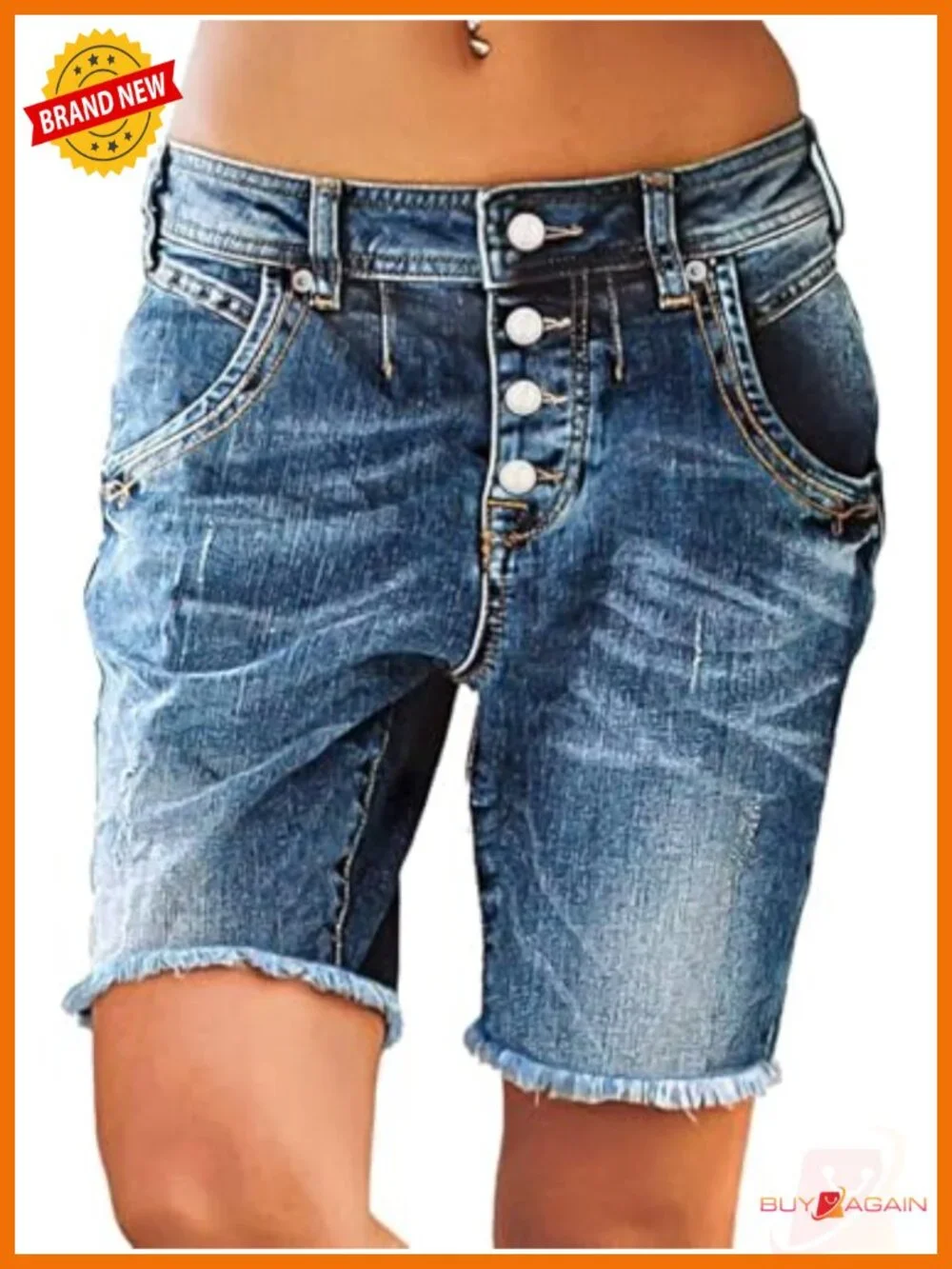 High Rise Double Button Raw Hem Straight Leg Denim Jean Shorts